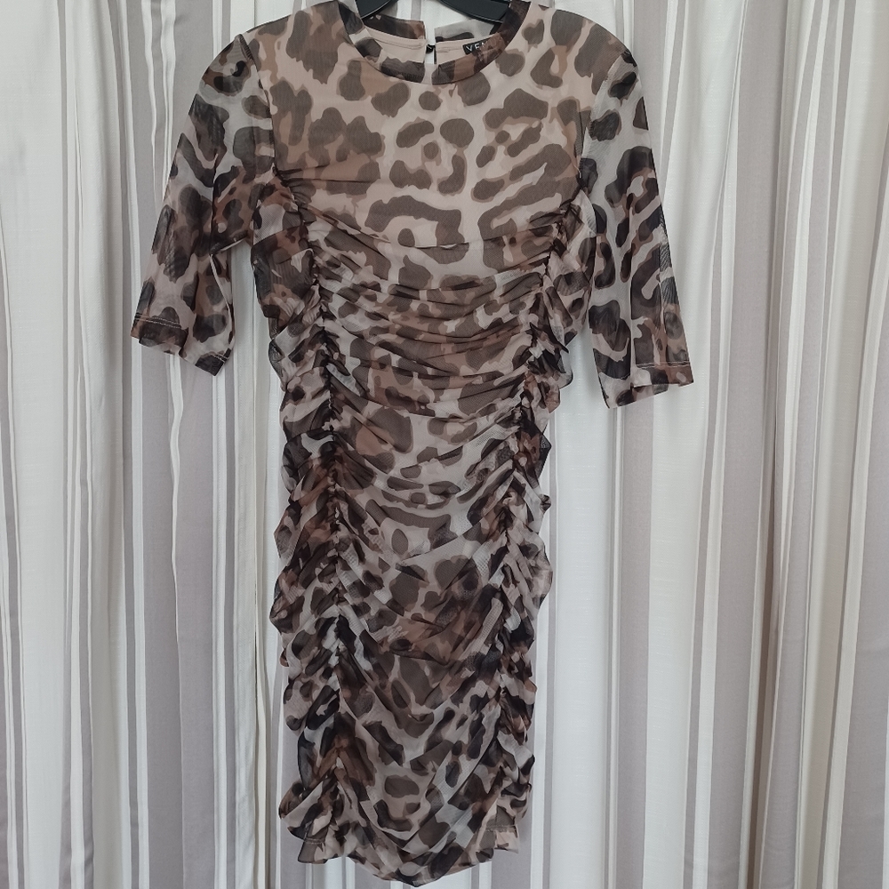 Leopard colored mini dress.